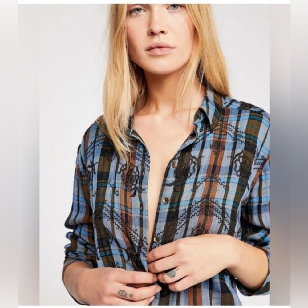 Free People Magical‎ Plaid Embroidered flannel shirt Women's Size XS
